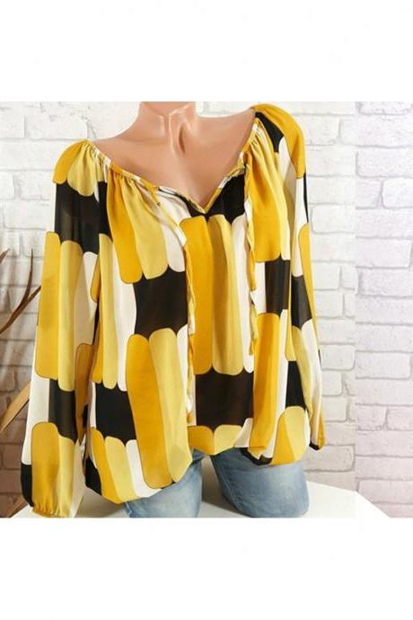  Off the Shoulder Chiffon Shirt Long Sleeve Casual Women Loose Blouse Summer Tops yellow