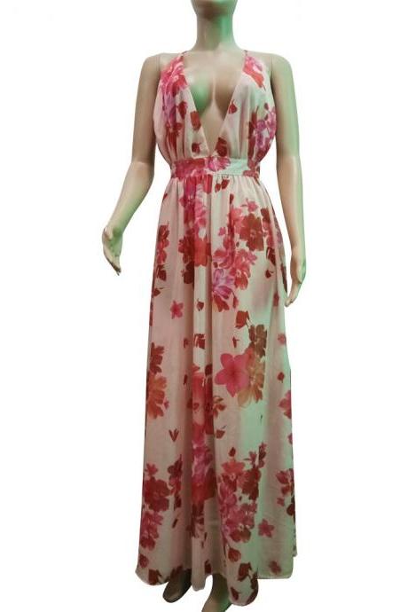  Sexy Deep V Backless Beach Maxi Dress Women Summer Chiffon Tunic Holiday Floral Print Long Dress1#