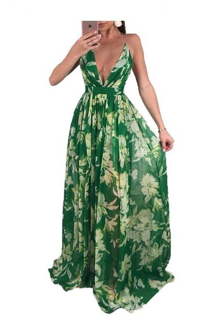  Sexy Deep V Backless Beach Maxi Dress Women Summer Chiffon Tunic Holiday Floral Print Long Dress3#