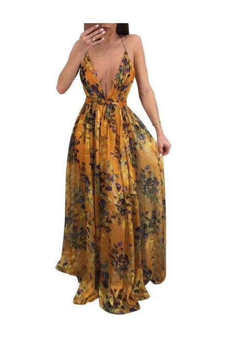 Mustard Yellow Floral Print Plunge V Tie Back Floor Length A-Line Maxi Dress Featuring Criss-Cross Open Back