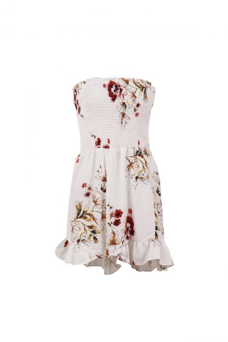 Summer Women Romper Casual Bohemian Floral Printed Jumpsuit Off Shoulder Beach Playsuit Off White
