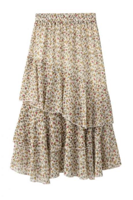 Women Asymmetrical Long Skirt Chiffon Summer High Waist Boho Floral Print Midi A Line Skirt apricot floral