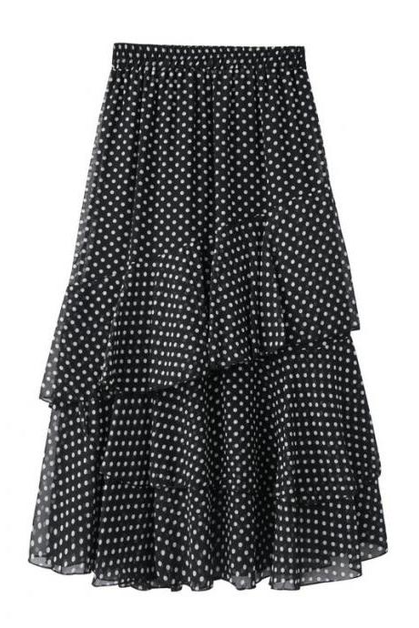 Women Asymmetrical Long Skirt Chiffon Summer High Waist Boho Floral Print Midi A Line Skirt black polka dot