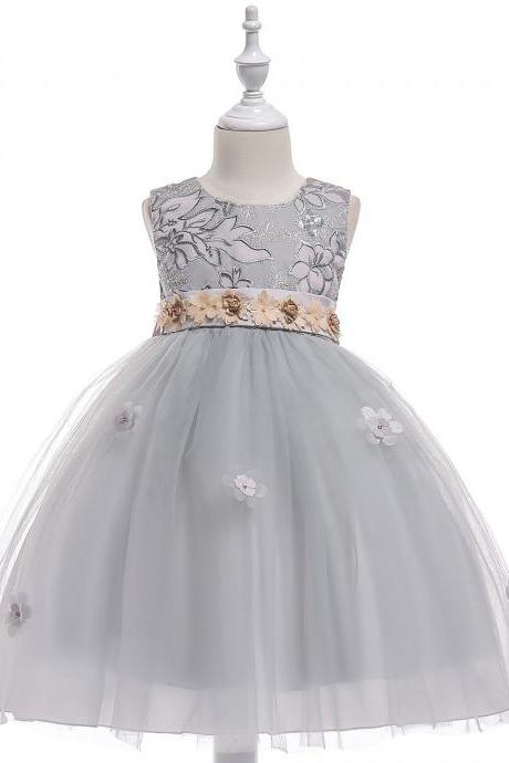 Embroidery Flower Girl Dress Belted Communion Party Tutu Gown Pastoral Children Clothes gray
