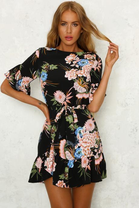 Bohemian Floral Printed Summer Dress Women O-neck Short Sleeve Ruffle Mini Belted Beach Dress Black