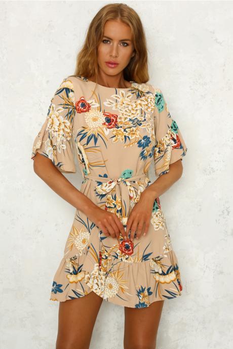 Bohemian Floral Printed Summer Dress Women O-neck Short Sleeve Ruffle Mini Belted Beach Dress Khaki