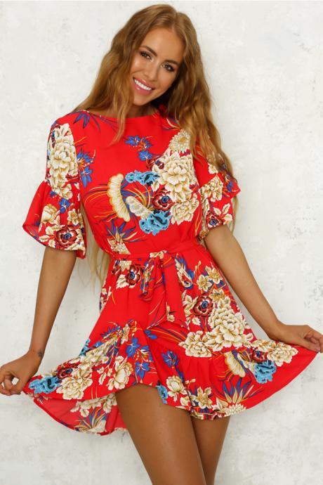 Bohemian Floral Printed Summer Dress Women O-Neck Short Sleeve Ruffle Mini Belted Beach Dress red