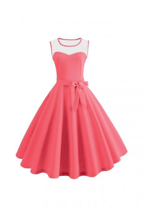  Women Sleeveless Casual Dress Mesh Patchwork O-Neck Belted A-Line Work Party Dress coral