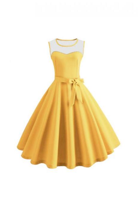 Women Sleeveless Casual Dress Mesh Patchwork O-Neck Belted A-Line Work Party Dress yellow