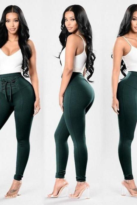 Green High Waist Skinny Legging Joggers, Sports Pants With Lace - Up Detail