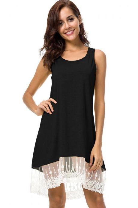 Women Casual Short Loose Dress Sleeveless Summer Beach Lace Splice Asymmetrical Mini Sundress black