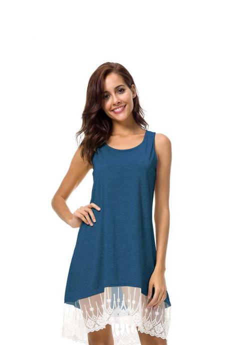 Women Casual Short Loose Dress Sleeveless Summer Beach Lace Splice Asymmetrical Mini Sundress dark blue