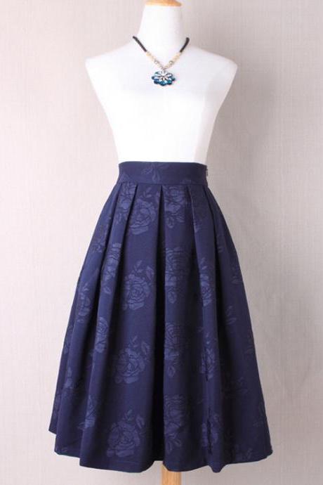 Women Floral Print A Line Skirt High Waist Tutu Pleated Zipper Pocket Midi Skater Skirt Navy Blue