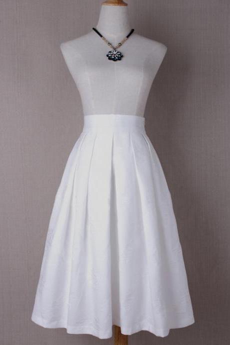 Women Floral Print A Line Skirt High Waist Tutu Pleated Zipper Pocket Midi Skater Skirt Off White