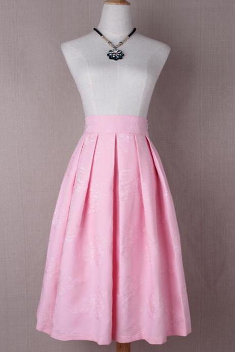 Women Floral Print A Line Skirt High Waist Tutu Pleated Zipper Pocket Midi Skater Skirt Pink