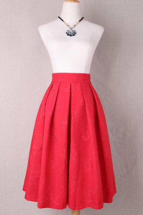 Women Floral Print A Line Skirt High Waist Tutu Pleated Zipper Pocket Midi Skater Skirt Red