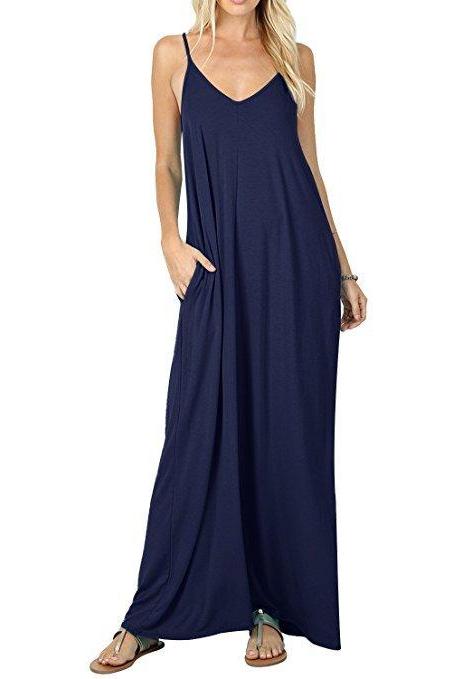Women Maxi Dress Sexy V Neck Sleeveless Spaghetti Strap Pocket Solid Loose Casual Dress Long Summer Sundresses Navy Blue