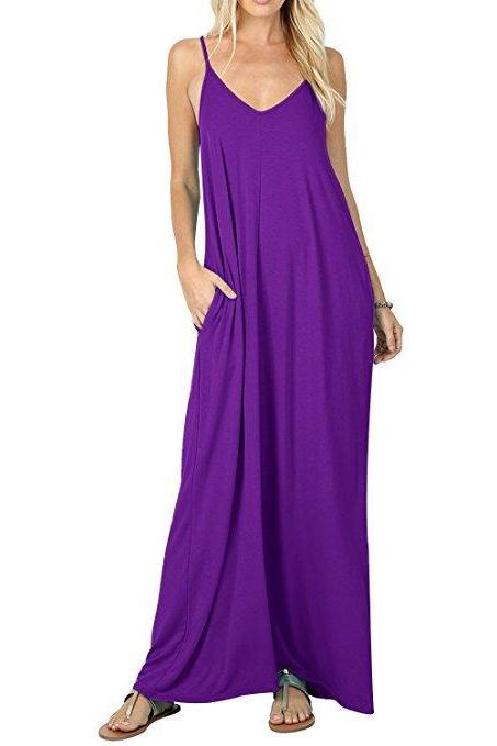 Women Maxi Dress Sexy V Neck Sleeveless Spaghetti Strap Pocket Solid Loose Casual Dress Long Summer Sundresses Purple