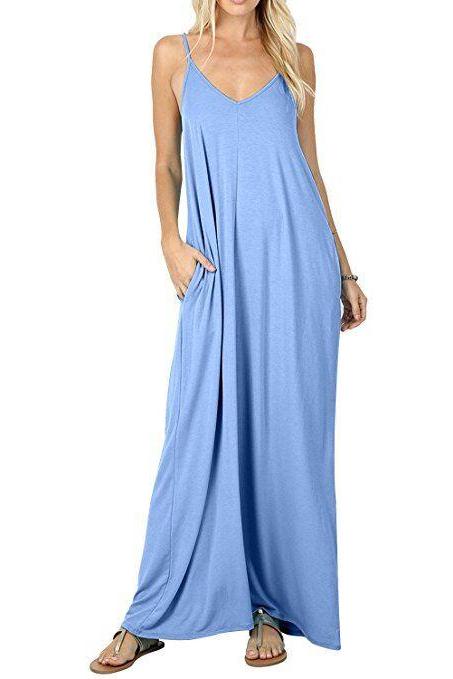 Women Maxi Dress Sexy V Neck Sleeveless Spaghetti Strap Pocket Solid Loose Casual Dress Long Summer Sundresses light blue 