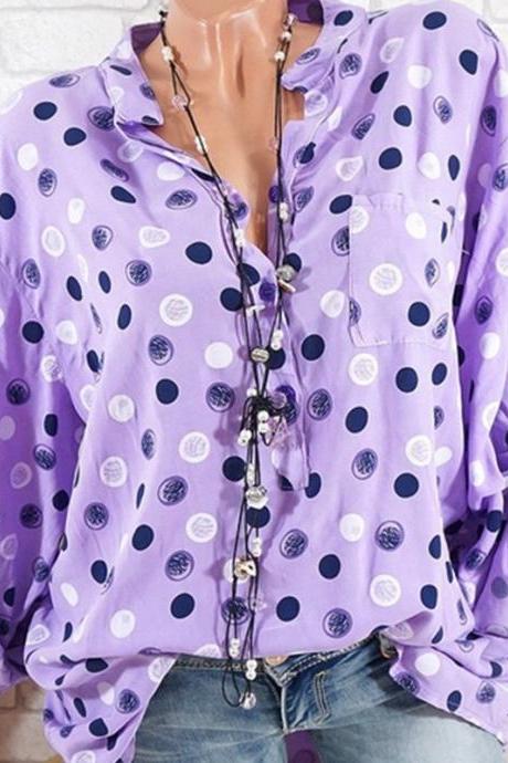 Women Polka Dot Print Blouse Long Sleeve V Neck Office Ol Lady Casual Tops Shirts Lilac