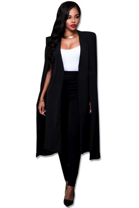Women Long Cloak Blazer Coat Cape Cardigan Jacket Slim Office Simple OL Suit Coat Outwear black