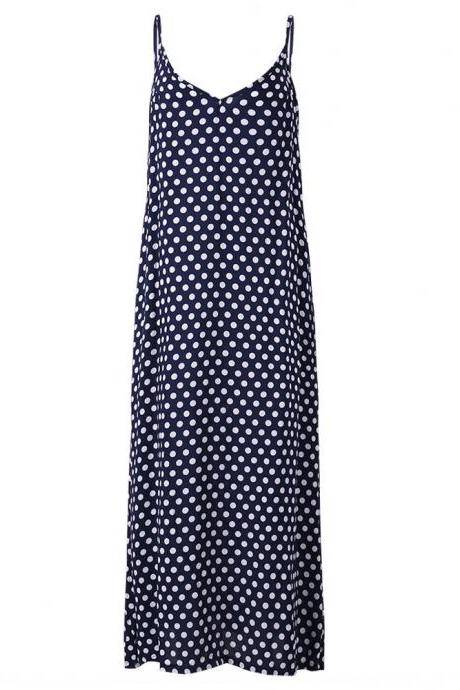 Navy Blue V-neck Spaghetti Strap Plus Size Summer Maxi Dress With Polka Dots