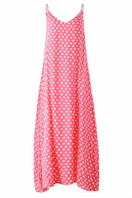 Pink V-neck Spaghetti Strap Plus Size Summer Maxi Dress With Polka Dots