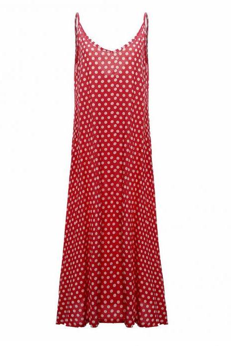 Women Summer Beach Maxi Dress Plus Size Spaghetti Strap Sleeveless Polka Dot Loose Long Sundress Red