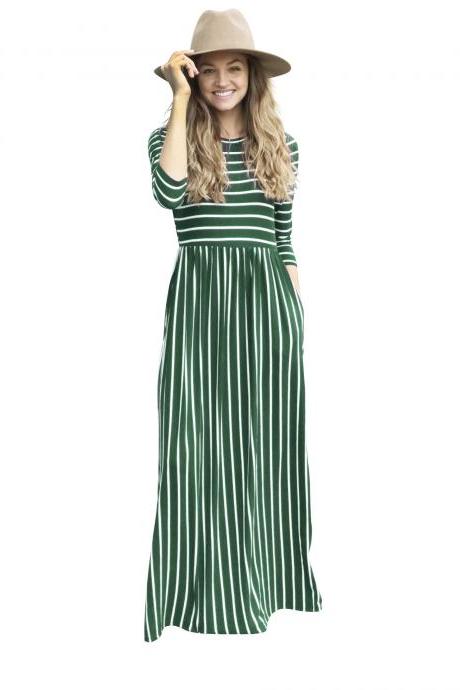 Women Summer Beach Boho Maxi Dress 3/4 Sleeve Pocket Striped Print Holiday Long Dress army green