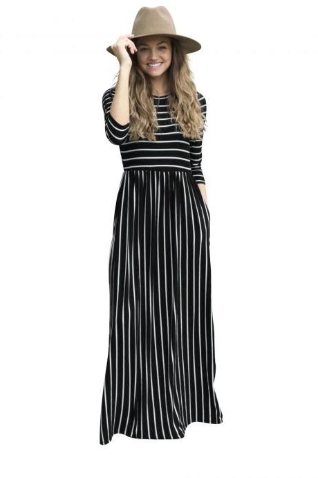 Women Summer Beach Boho Maxi Dress 3/4 Sleeve Pocket Striped Print Holiday Long Dress black