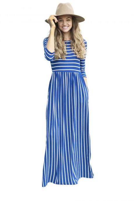 Women Summer Beach Boho Maxi Dress 3/4 Sleeve Pocket Striped Print Holiday Long Dress blue