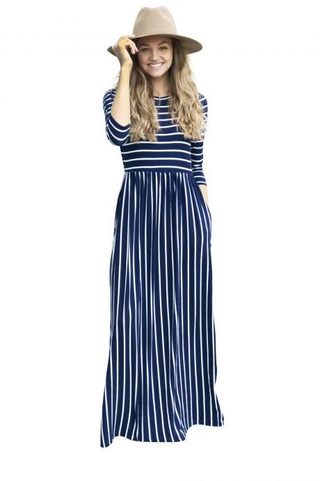 Women Summer Beach Boho Maxi Dress 3/4 Sleeve Pocket Striped Print Holiday Long Dress navy blue 