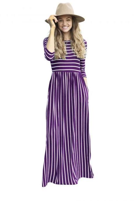 Women Summer Beach Boho Maxi Dress 3/4 Sleeve Pocket Striped Print Holiday Long Dress purple