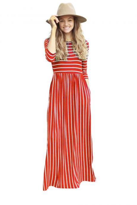 Women Summer Beach Boho Maxi Dress 3/4 Sleeve Pocket Striped Print Holiday Long Dress Red