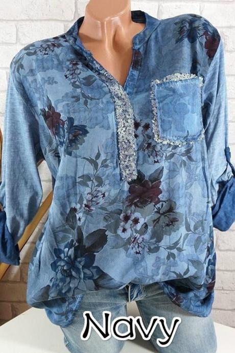 Boho Long Sleeve Floral Shirt Women V Neck Loose Tops Sequin Pocket Plus Size Casual Shirt dark blue