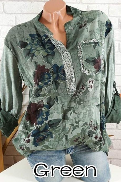 Boho Long Sleeve Floral Shirt Women V Neck Loose Tops Sequin Pocket Plus Size Casual Shirt green