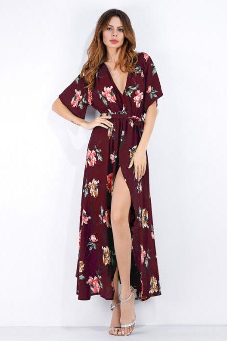  Women Summer Floral Printed Maxi Dress Boho Short Sleeve V-Neck Split Belted Beach Long Dress8#