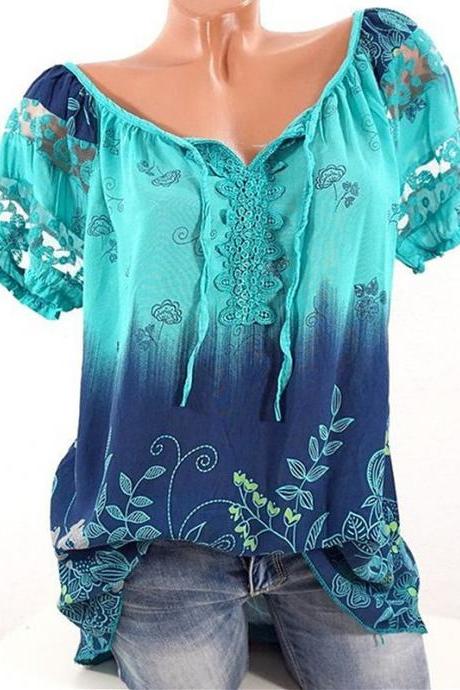 Plus Size Women Blouse Summer Hollow Out Lace Patchwork V Neck Tie Bohemian Floral Shirts Aqua