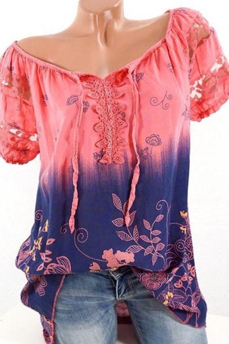 Plus Size Women Blouse Summer Hollow Out Lace Patchwork V Neck Tie Bohemian Floral Shirts Coral
