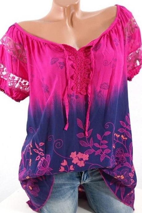Plus Size Women Blouse Summer Hollow Out Lace Patchwork V Neck Tie Bohemian Floral Shirts Hot Pink