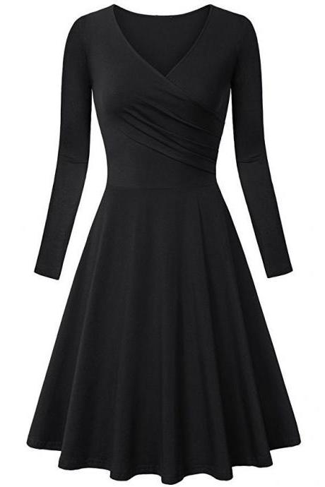Women Casual Dress Long Sleeve V Neck Pleated A Line Work Office Party Dress black