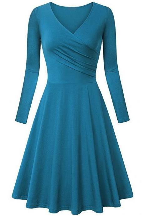 Women Casual Dress Long Sleeve V Neck Pleated A Line Work Office Party Dress blue