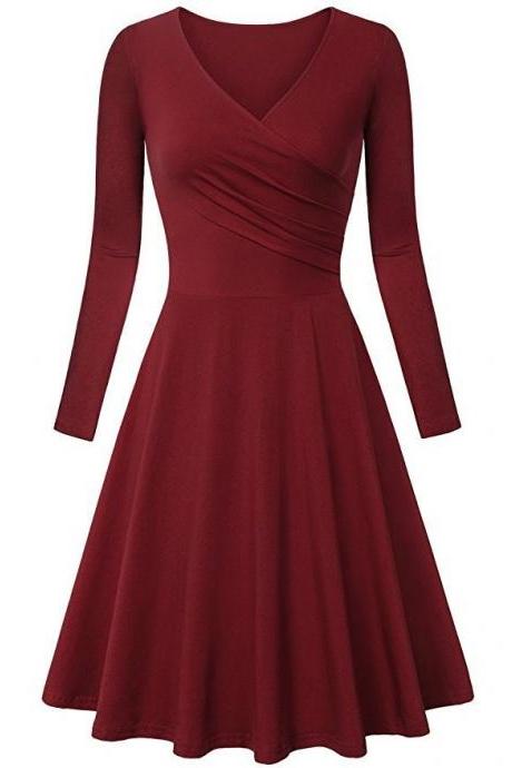  Women Casual Dress Long Sleeve V Neck Pleated A Line Work Office Party Dress crimson