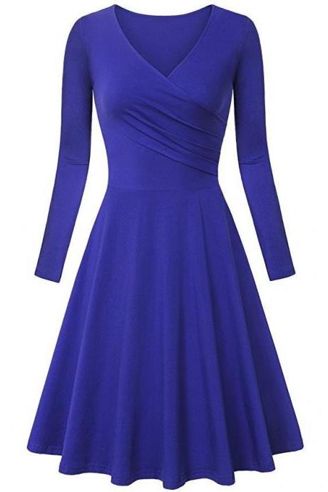  Women Casual Dress Long Sleeve V Neck Pleated A Line Work Office Party Dress royal blue 