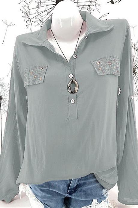 Women Blouse Long Sleeve Plus Size Casual Work Office Lady Tops Shirt Gray