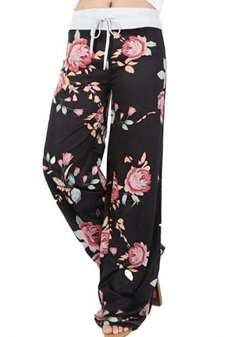 Women Wide Leg Long Pants Floral Print Casual High Waist Drawstring Loose Palazzo Pajama Trousers1#