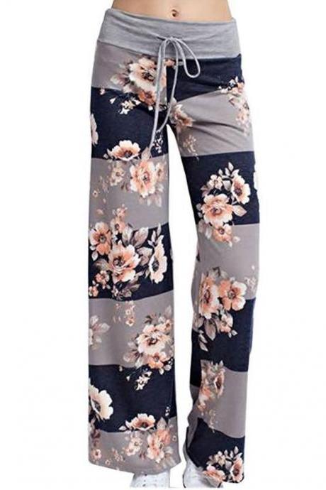  Women Wide Leg Long Pants Floral Print Casual High Waist Drawstring Loose Palazzo Pajama Trousers4#