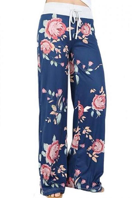 Women Wide Leg Long Pants Floral Print Casual High Waist Drawstring Loose Palazzo Pajama Trousers5#