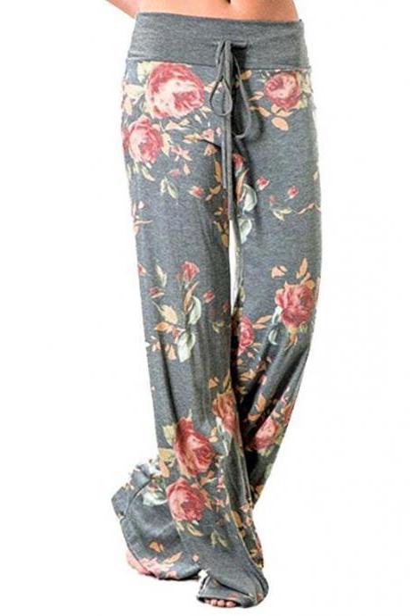 Women Wide Leg Long Pants Floral Print Casual High Waist Drawstring Loose Palazzo Pajama Trousers6#