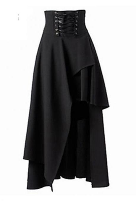 Gothic Steampunk Skirt Lolita Lace-up High Waist Asymmetric Hem Bandage Long Maxi Skirts Black